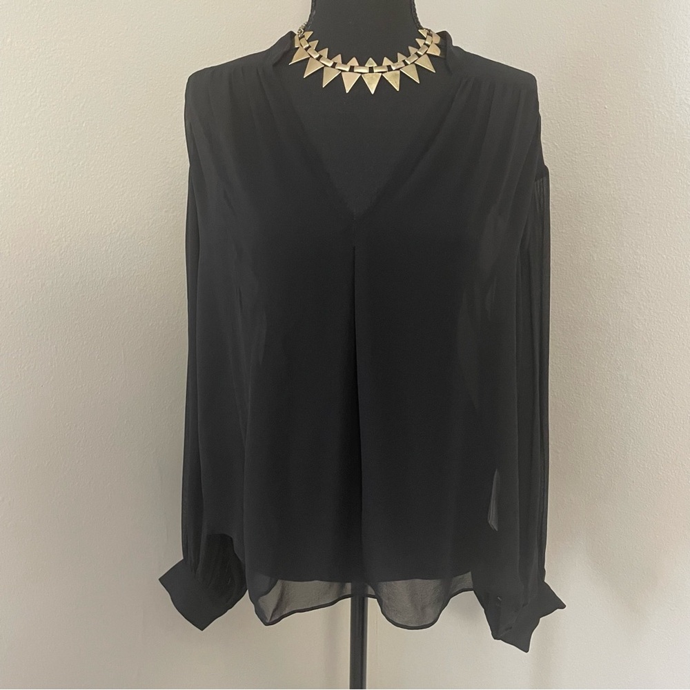 NWT JOIE Sz S 100% Silk LASHA Caviar Black Sheer Split‎ Neck Blouson Sleeves Top